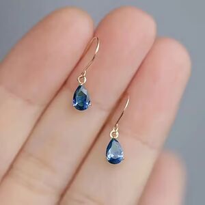 Blue Aquamarine Glass Teardrop Gold Dangle Earrings Crystal Gemstone Drop Pndant